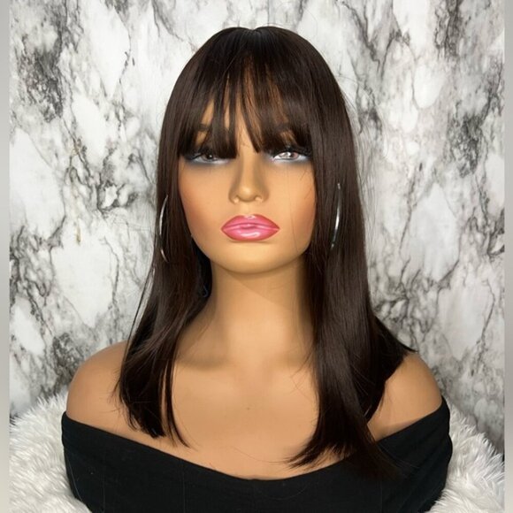 16 In Short Bob Chocolate Brown  Straight Soft Beautiful Wig with Bangs - Picture 8 of 9